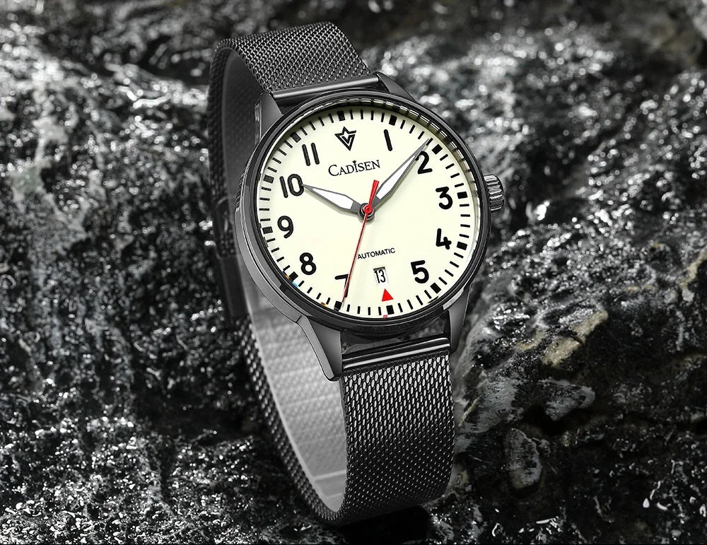 CADISEN Automatic Watch Men Luminous Stainless Steel Self-Wind Wristwatch NH35A Sapphire Waterproof Mesh Belt Mechanical Watch