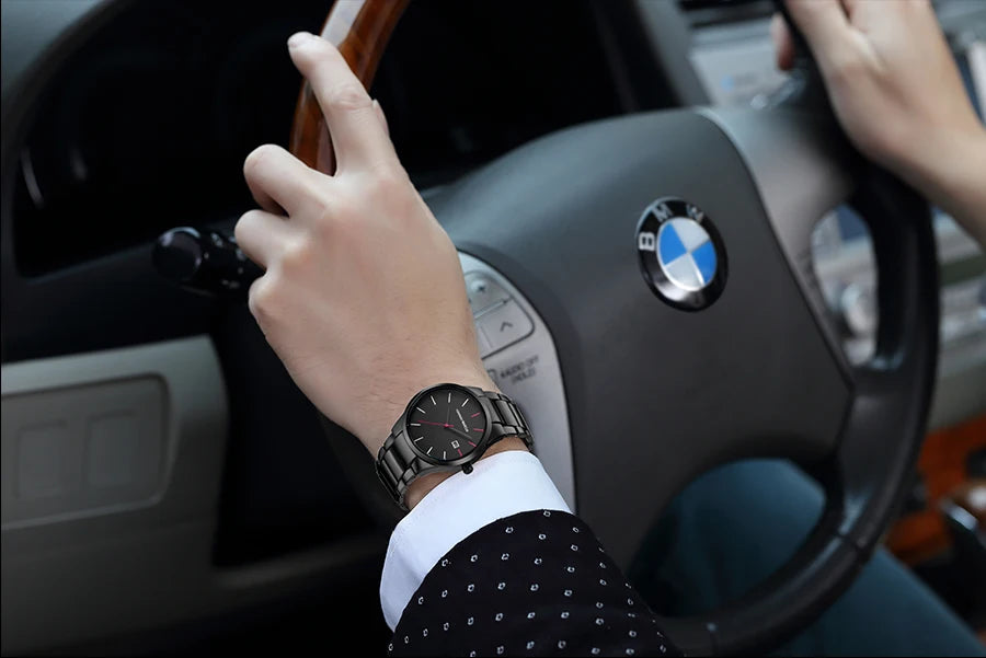 Hannah Martin Men's Stainless Steel Watch Fashion Business Style Black Minimalist Style 3Bar Waterproof Quartz Movement Watches