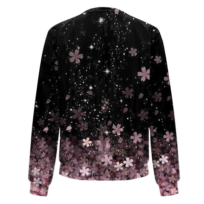 Women Elegant Zipper Bomber Jackets Spring Autumn Floral Printed Jackets Casual Coat Retro Outwear  Round Neck Zipper Jackets