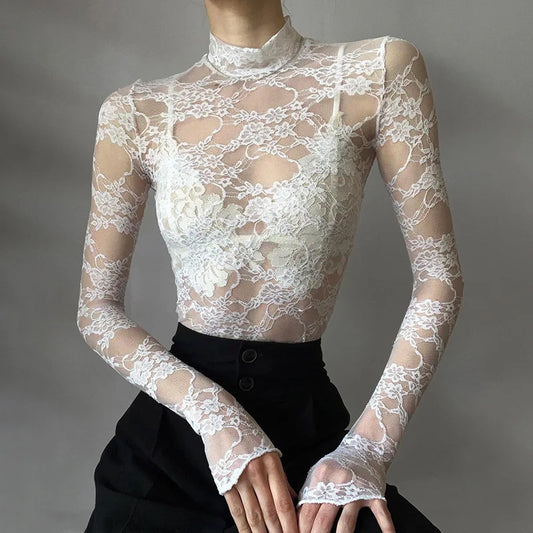 Lace Blouse Shirts Summer Women Turtleneck Long Sleeve See Through Lace Patchwork Thin Tops