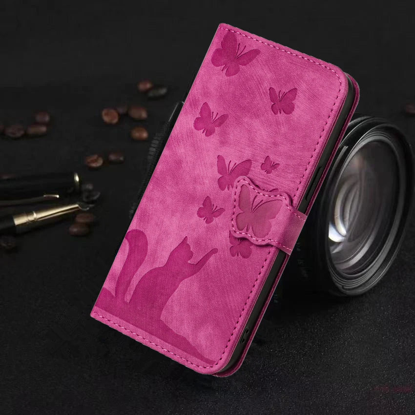 IPhone 17 Flip Case for Coque iPhone 15 16 14 13 12 11 Pro Max iPhon 15 Plus Cases Cute Cat Butterfly Leather Wallet Back Cover