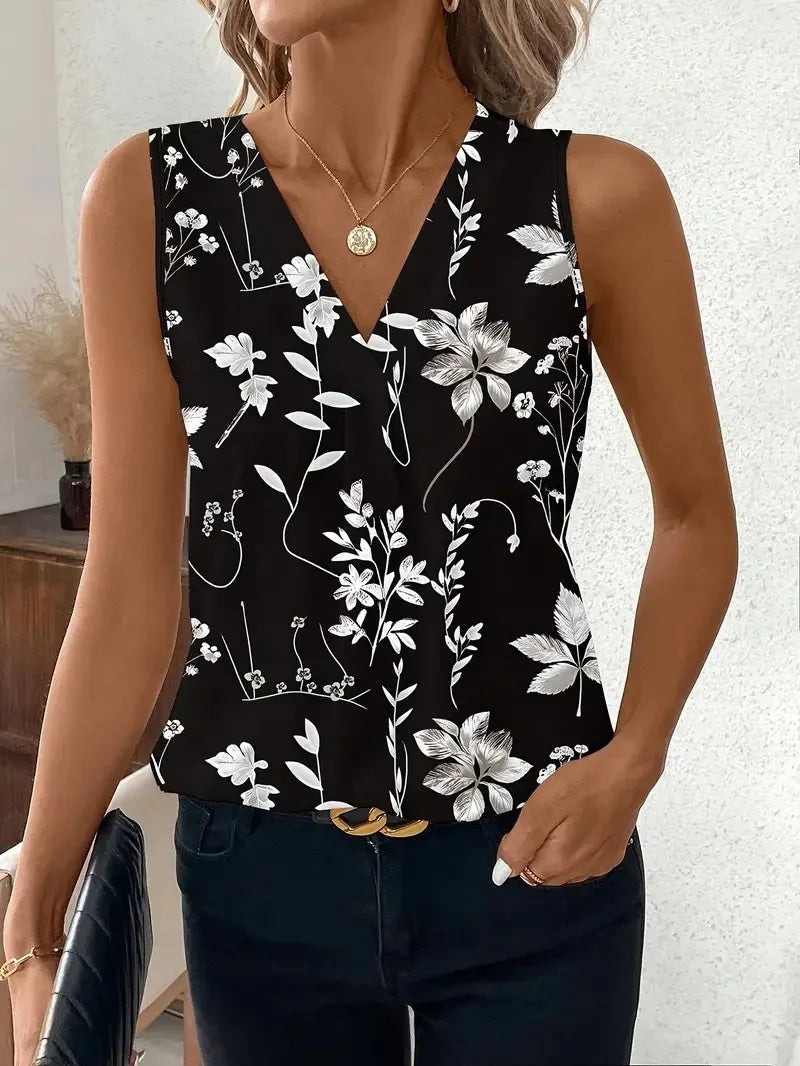 V-neck Vest New Fashion Plant Printed Sleeveless Top Pullover Simple Basic T-shirt