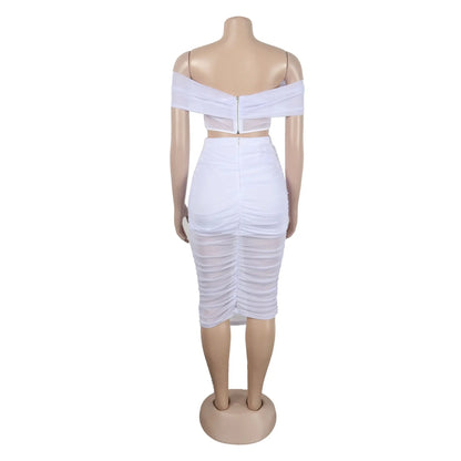 Slimming Mesh Splice Bum Covering Visibility Elastic Off-Shoulder 2-Piece Set European And American Style