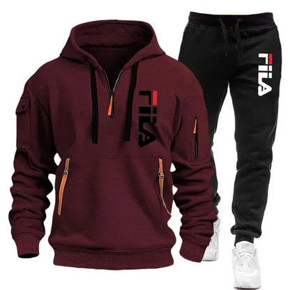 Autumn and Winter 2025 new men's hooded sweatshirt + pants two-piece set, outdoor multi-pocket men's pullover sportswear set