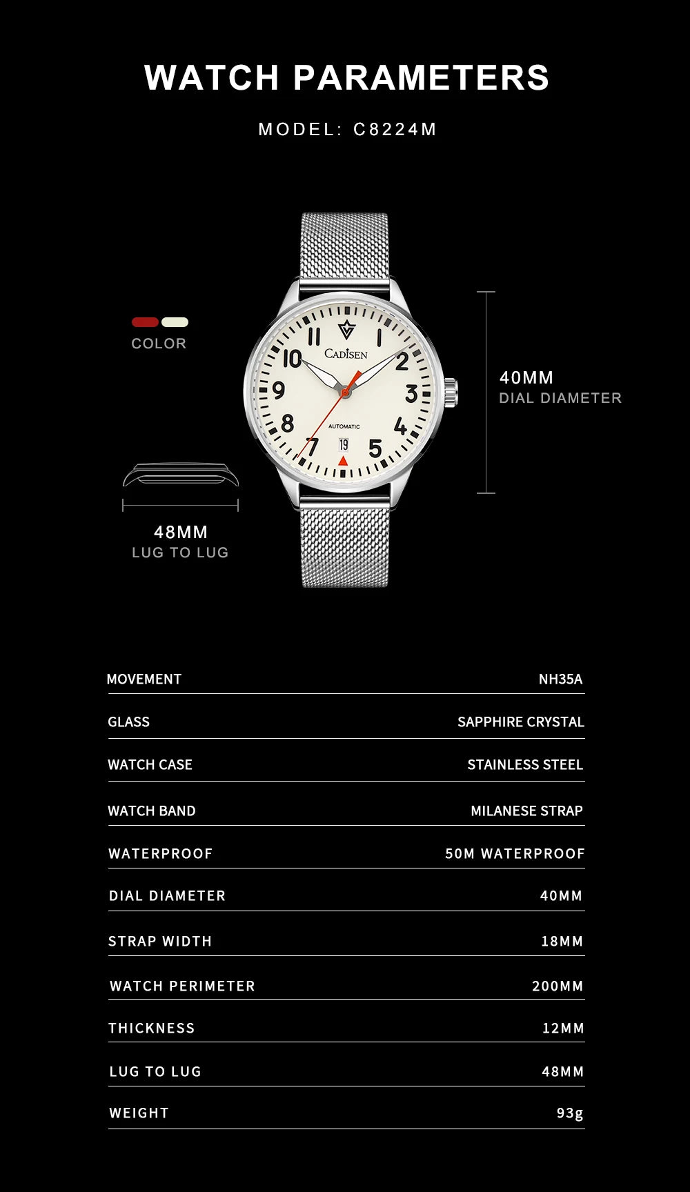 CADISEN Automatic Watch Men Luminous Stainless Steel Self-Wind Wristwatch NH35A Sapphire Waterproof Mesh Belt Mechanical Watch