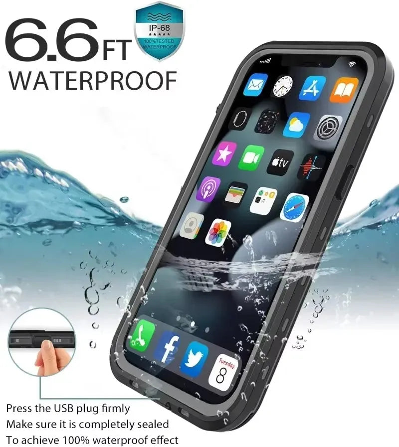 Full Sealed Clear IP68 Waterproof Case For iPhone 16 15 14 13 12 11 17 Pro Max 12 Mini XR Shockproof Cover with Screen Protector
