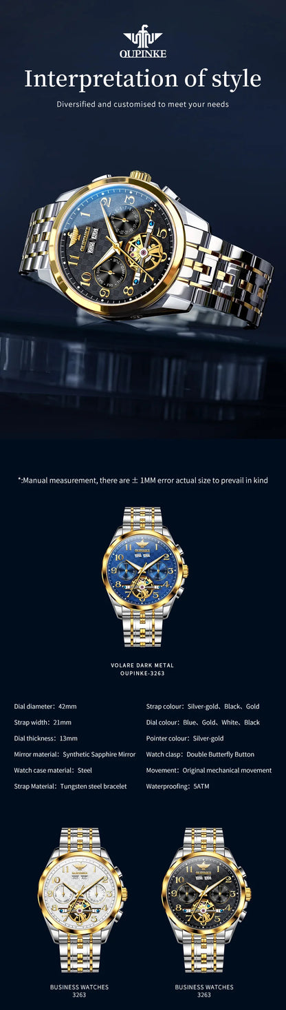 OUPINKE 3263 Mens Watch Luxury Flywheel Automatic Mechanical Watch﻿ 50M Waterproof Luminous Tungsten Steel Brand Watches New