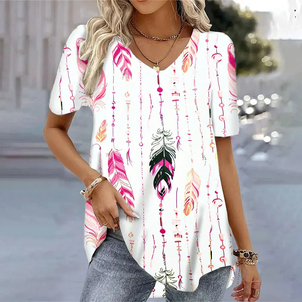 Butterfly Printed Short Sleeve T-shirt Korean Style Women's Clothes 2024 V-neck Short Sleeves Tees Shirt Loose Casual Blouses