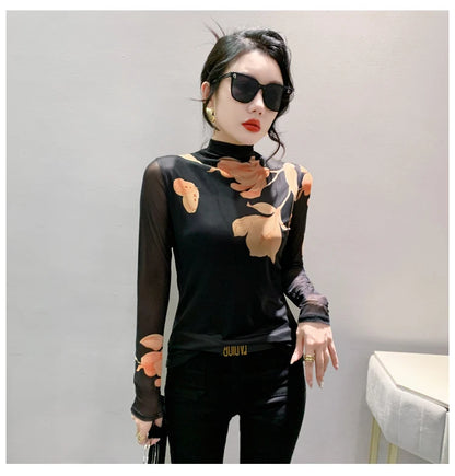 High Neck Long Sleeved Mesh Positioning Printed T-shirt Women Autumn Stretch Slim T Shirts Tops Female Base Tees HF8779