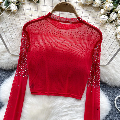 Thin See-tough Long Sve Me T-shirt ort Heavy-du Rhinestone Base irt Korean Sle Creative Pattern