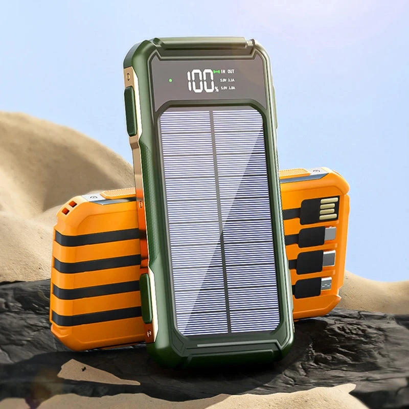 200000mAh Large Capacity Solar Power Bank 4 in 1 Built in Cable  Fast Charging Digital Display Battery LED Light For iPhone NEW