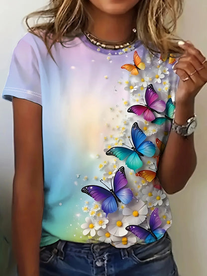 Colorful Rose Flower Print Round Neck Women's T-shirt Summer Versatile And Refreshing Y2K T-shirt