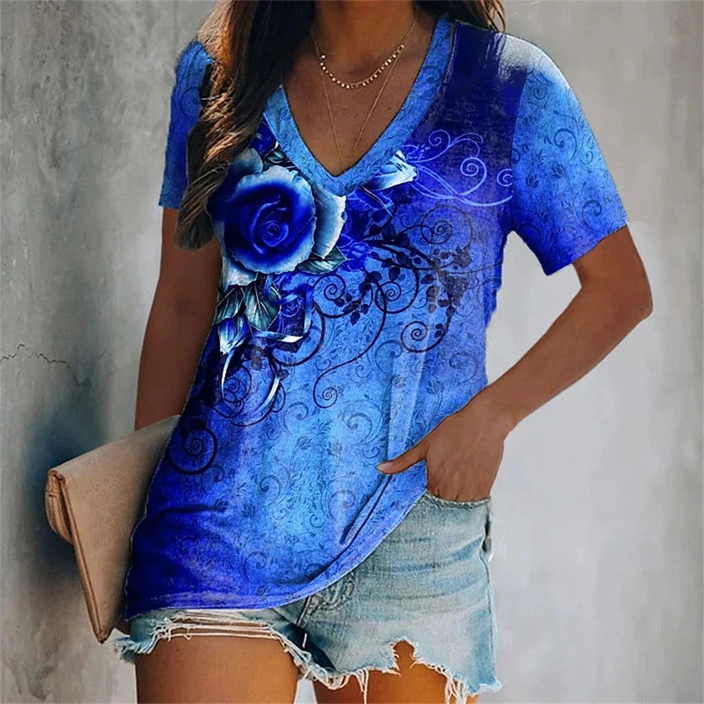 Colorful Tassels Print T-Shirt Fashion Women's Short Sleeve V-Neck T-Shirt Summer Casual Elegant Women's Large Size T-Shirt