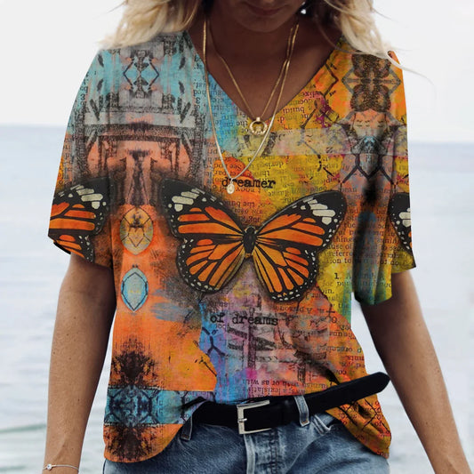 Summer Women's T-Shirt Vintage Casual Fashion V Neck Pullover Short Sleeve Butterfly Print Loose Daily Tops Design Clothing