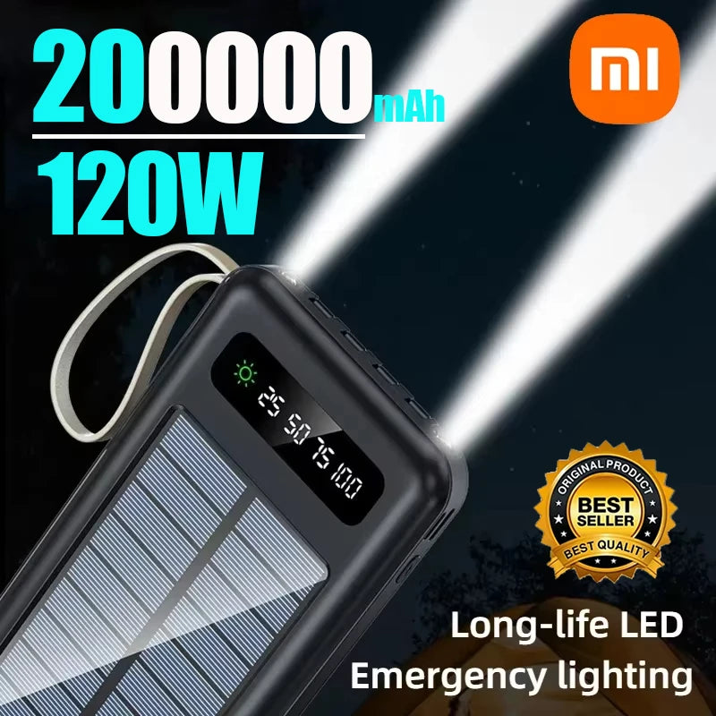 200000mAh Solar Power Bank Large Capacity Mobile Power Fast Charging Battery With Dual USB 4 Cables For iPhone Samsung