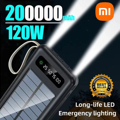 200000mAh Solar Power Bank Large Capacity Mobile Power Fast Charging Battery With Dual USB 4 Cables For iPhone Samsung