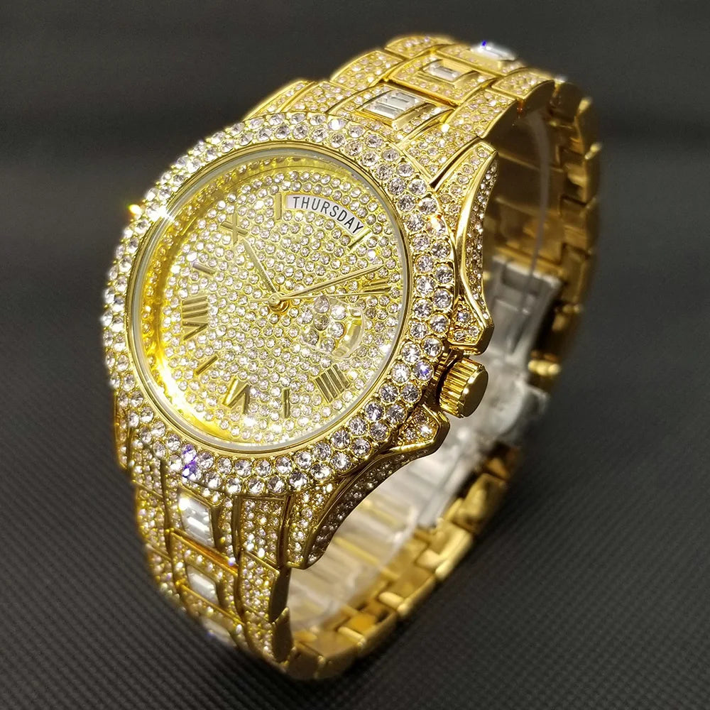 Diamond Wristwatch For Men Luxury 18K Gold Plated Quartz Watches Day Date Nightclub Party Watch Unisex Rapper Jewelry