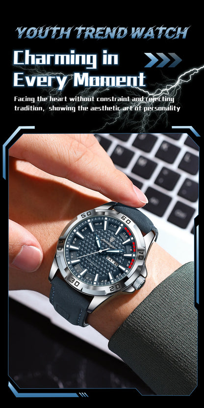 POEDAGAR Original Man Wristwatch Top Luxury Waterproof Luminous Date Week Watch For Men Quartz Sport Leather Men's Watches Reloj