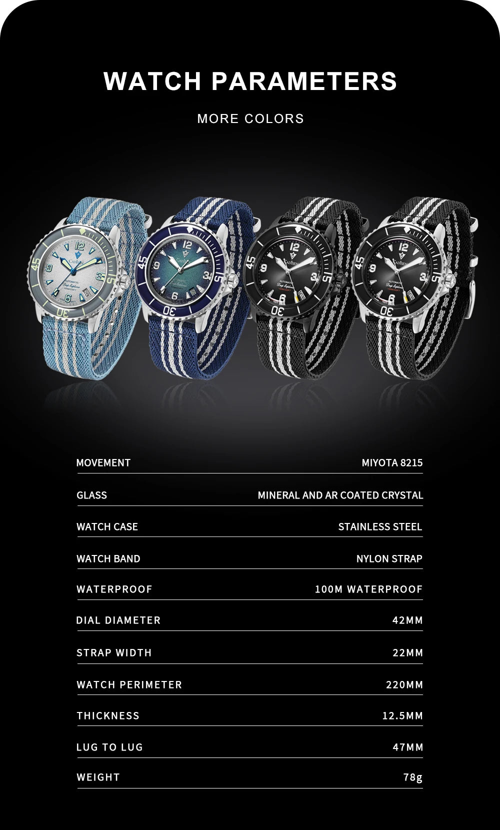 CADISEN Deep Explorer Automatic Mechanical Watch Man Canvas Strap Wristwatch MIYOTA  Luxury Luminous Waterproof Watches