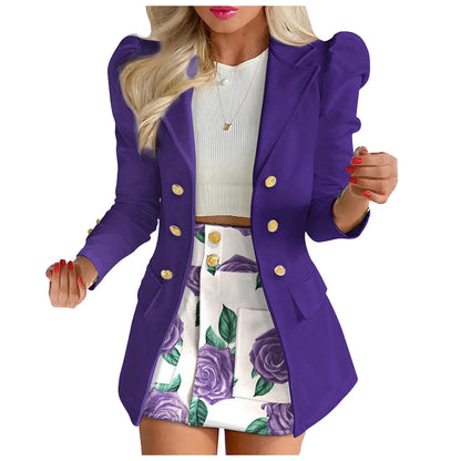Long Sleeve Two Breasted Skirt Set Solid Color Jacket And Floral Skirt Two Piece Outfit Business Casual Elegant Sets