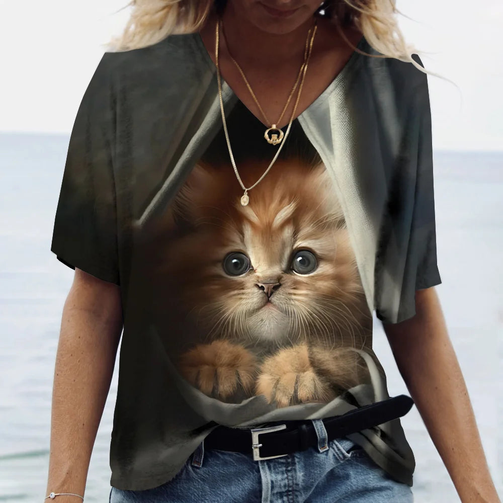 T-shirt Kawaii Cat Print 3D T Shirt Top Girls Y2k Clothing Summer Short Sleeve Tees V-neck Casual Holiday Female T-shirt