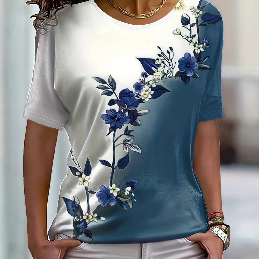 T-shirt Summer Fashion Short sleeved Top Flower Print Loose Clothing Women's Party T-shirt