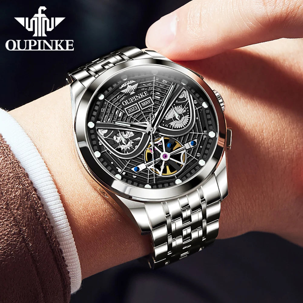 OUPINKE 3250 Original Men's Watch Deep Waterproof 3D Skeleton Stainless steel Automatic Mechanical Wristwatch Men Official Watch