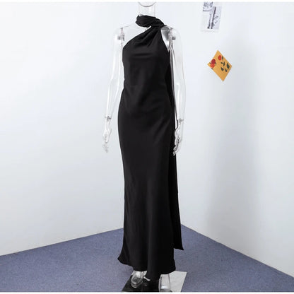 Elegant Ribbon Halter Dress Women Solid Off Shoulder Sleeveless Backless Slim Maxi Dresses 2025 Summer Autumn Party Robes Lady