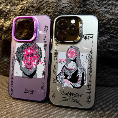 Graffiti Great Art Aesthetic David Mona Lisa Electroplate Silver Case For iPhone 17 15 14 13 12 11 16 Pro Max XS 7 8 Plus Cover
