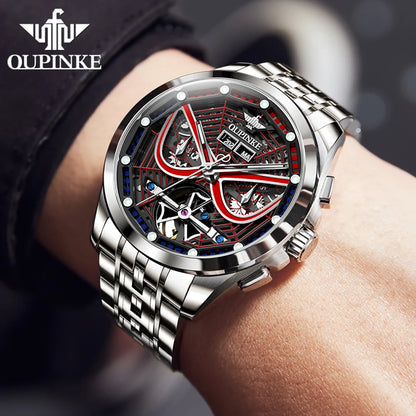 OUPINKE 3250 Original Men's Watch Deep Waterproof 3D Skeleton Stainless steel Automatic Mechanical Wristwatch Men Official Watch