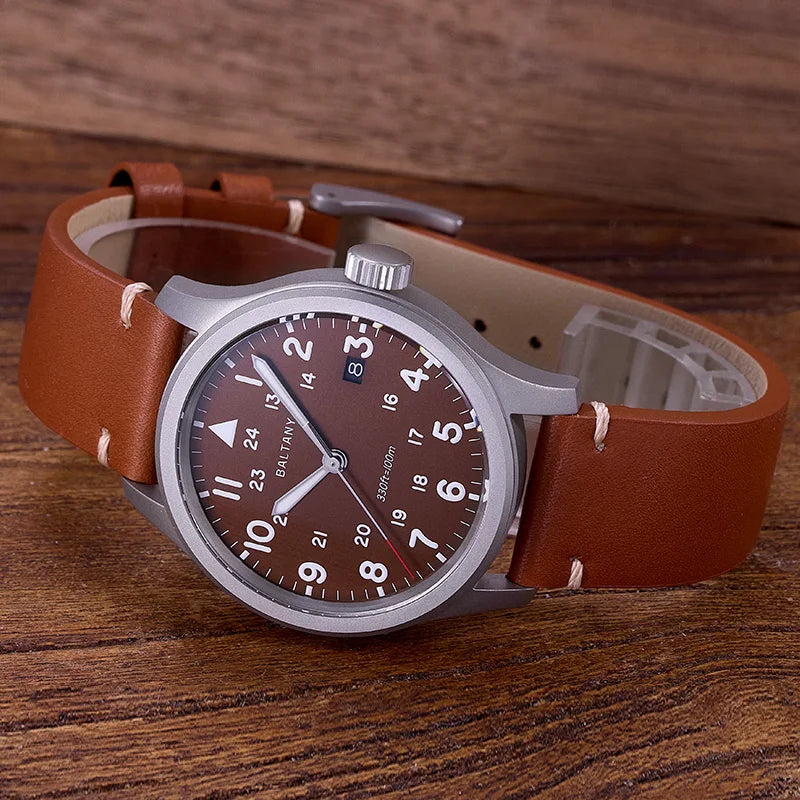 Baltany Men Quartz Field Watch S2082 10-Year Life Battery Luminous Leather Sapphire Stainless Steel Date Retro Military Watches