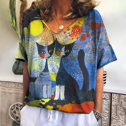 Women T Shirts Cartoon Cat Graphic Girls Clothing Large Size V Neck Short Sleeve Tee Summer Fashion Casual Female Clothing