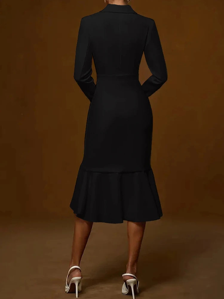 Lapel V-neck Fishtail Dress For Women Fashion Commute Hight Waist Solid Long Dress Casual Long Sleeve Ruffle Party Dress