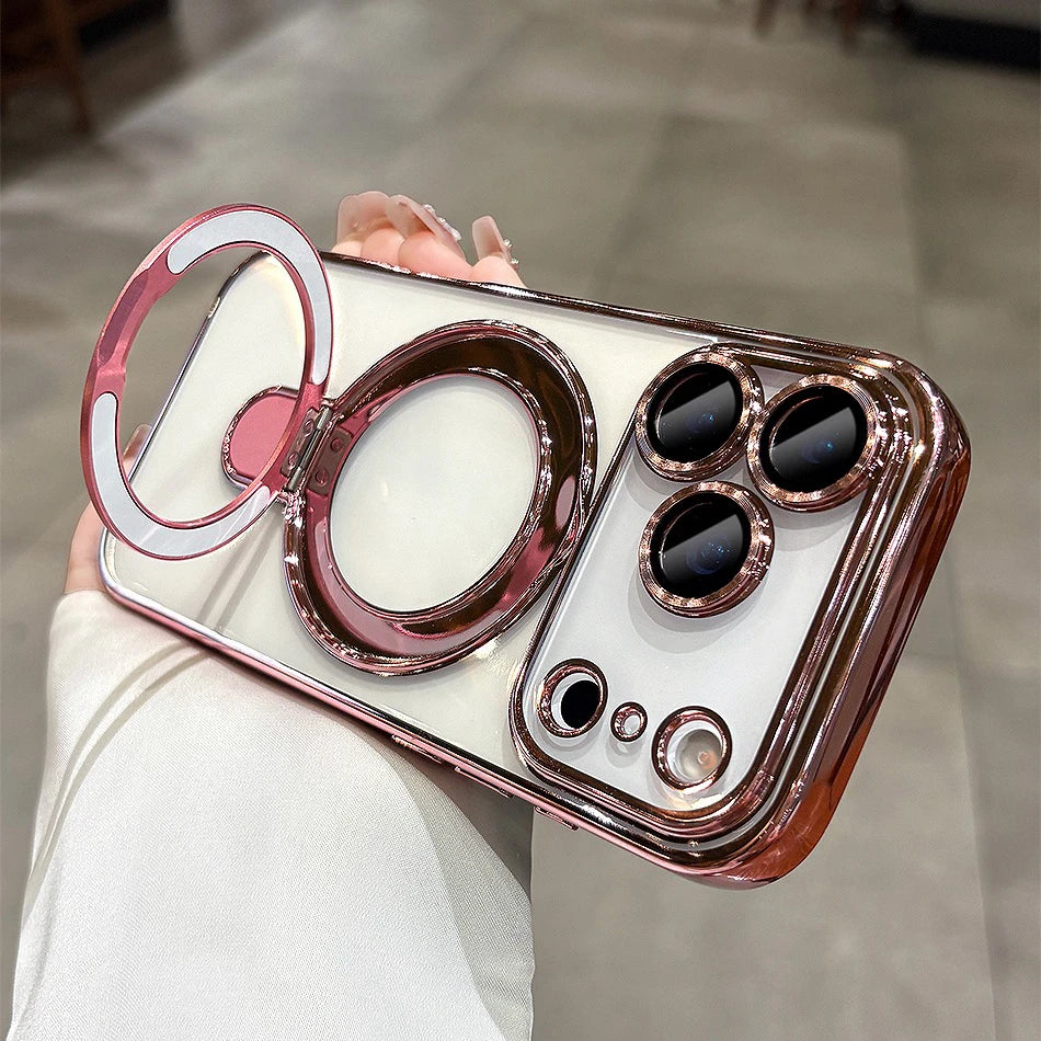Iphone 17 Air Case Plating Magsafe Magnetic Bracket Case for iPhone 17 16 Pro 13 12 Max 15 14 16 Plus 17PRO Transparent Cove