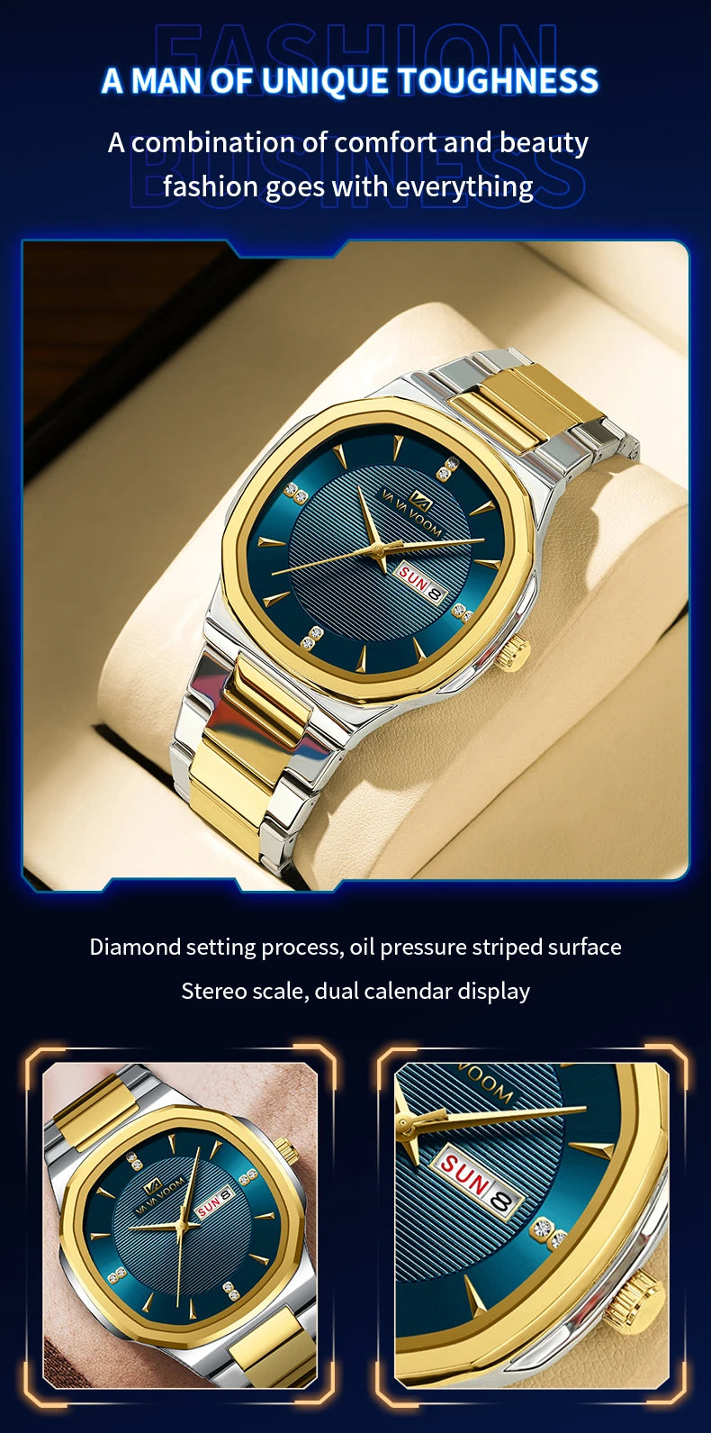 VA VA VOOM Men Watch Fashion Silver Black Stainless Steel 41mm Casual Business Style Week 3Bar Waterproof Sports Quartz Watches