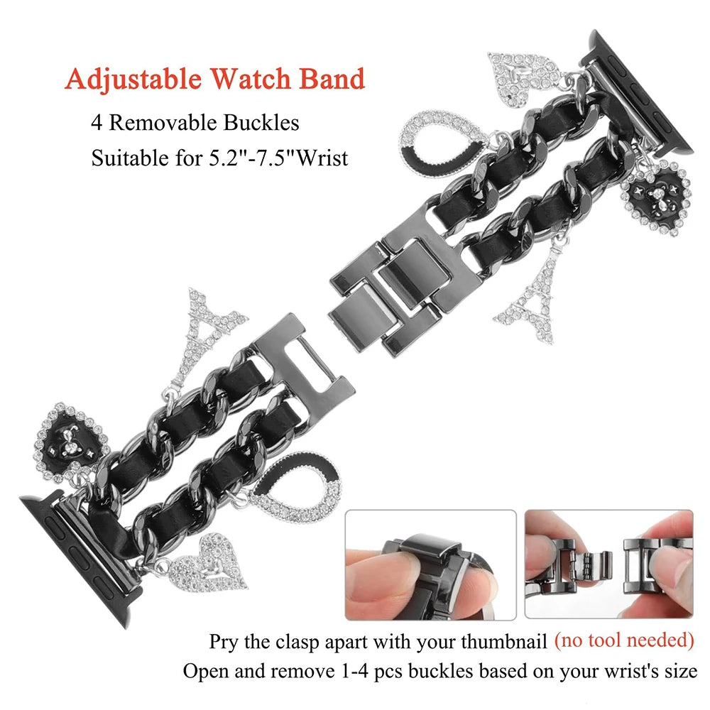 Stylish Metal Charms Watch Strap Compatible with Apple Watch Bands 38/40/41/42/44/45/49mm Replacement Strap with Unique Pendants