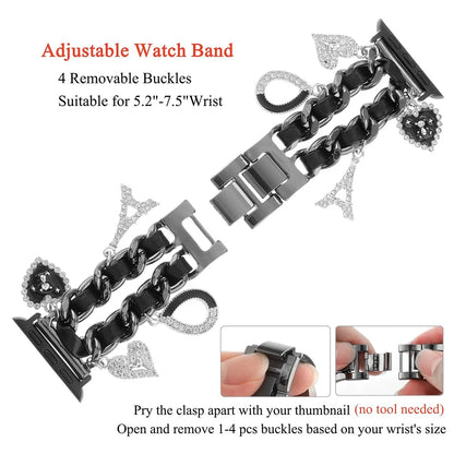 Stylish Metal Charms Watch Strap Compatible with Apple Watch Bands 38/40/41/42/44/45/49mm Replacement Strap with Unique Pendants