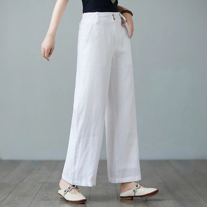 High Waist Wide Leg Cotton Linen Workwear Pants Women Loose Casual Straight Long Trousers Summer Faion plus Size All Match