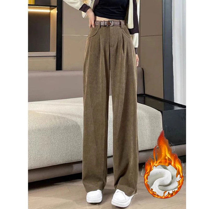 Winter Lady Snow Warm Pants Girls Classic Fleece High Waist Trousers Women Straight Leg Plush Thermal Casual Pants
