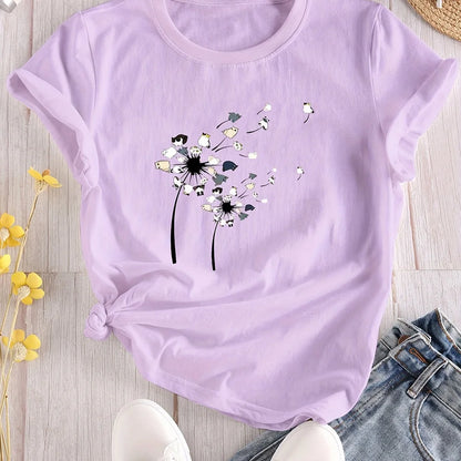T-shirt Summer Fashion Short sleeved Top Flower Print Loose Clothing Women's Party T-shirt