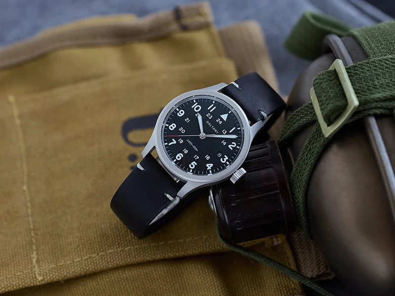 Baltany Men Quartz Field Watch S2082 10-Year Life Battery Luminous Leather Sapphire Stainless Steel Date Retro Military Watches