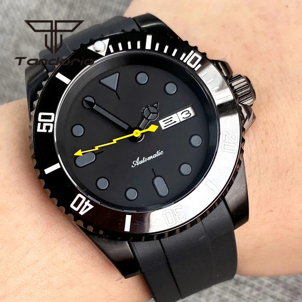 Tandorio NH36A Black PVD 40mm Automatic Men's Watch Week Date Display Rotating Bezel Sapphire Glass Yellow Flash Second Rubber