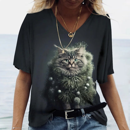 T-shirt Kawaii Cat Print 3D T Shirt Top Girls Y2k Clothing Summer Short Sleeve Tees V-neck Casual Holiday Female T-shirt