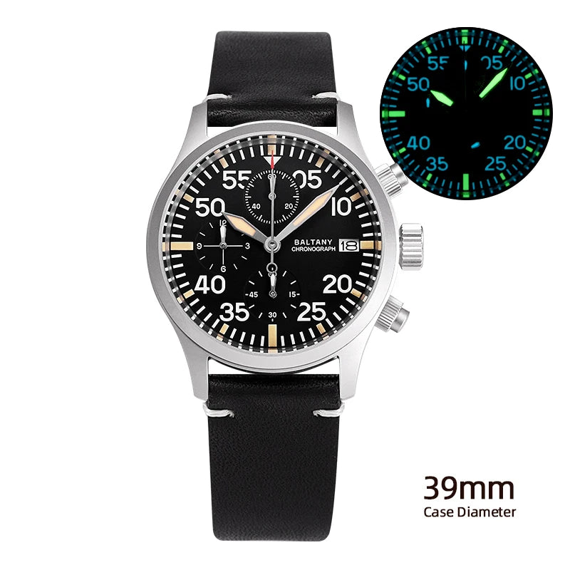 Baltany 39mm Military Chronograph Watch Man S5045 Sapphire Crystal 10ATM Stainless Steel VK67 Calendar Retro Quartz Wristwatches