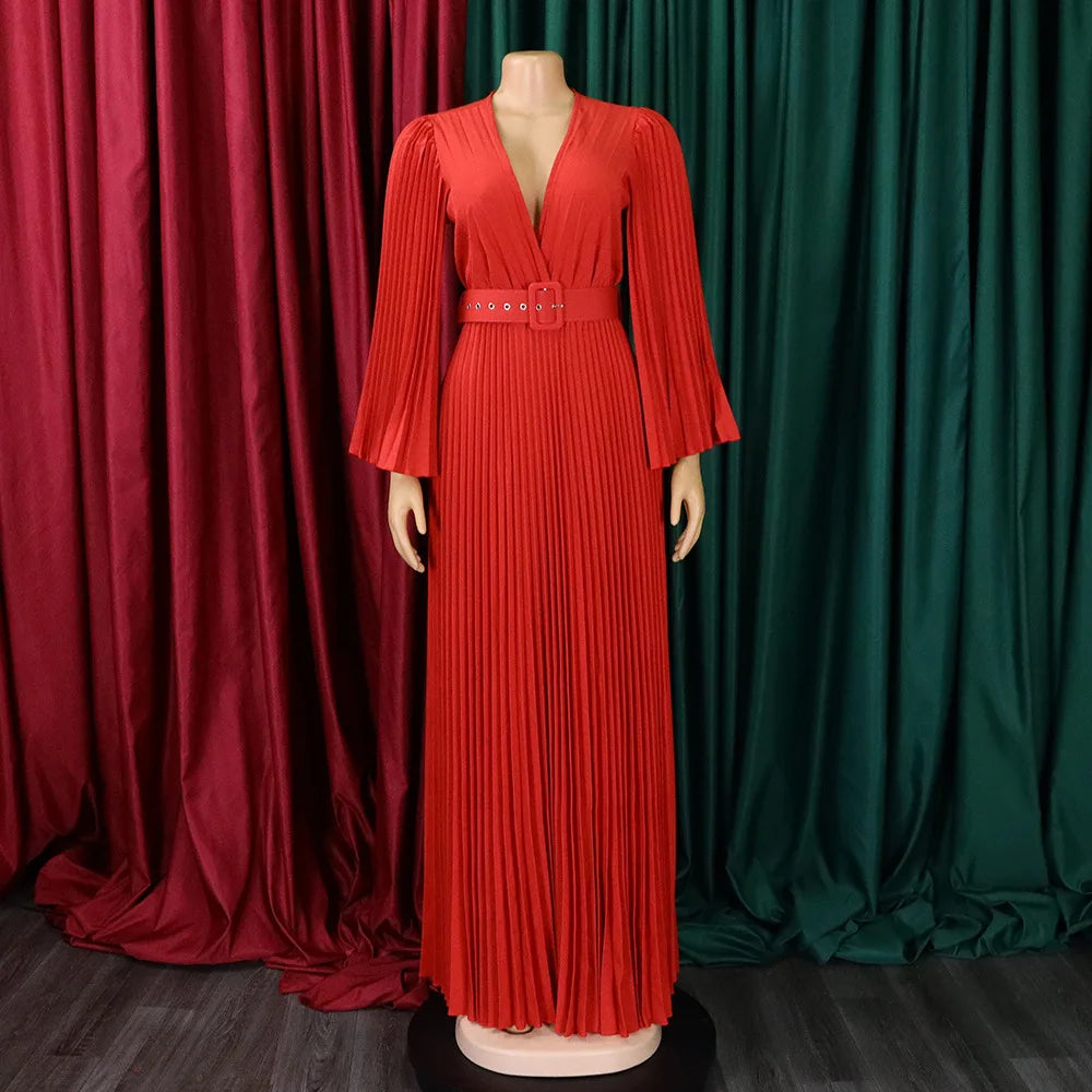 V-neck Flare Sleeve Big Swing Floor Length Maxi Long Dresses  Women Autumn Winter Party Prom Dress