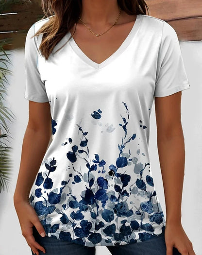 Wind Ladies V-neck T-shirt Summer Outdoor Casual Short Sleeve Tops Retro Street Flower Print OverSize Women's Clothing