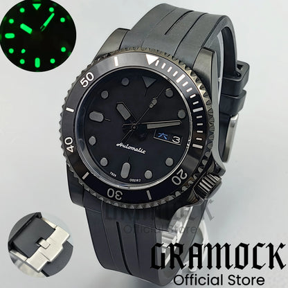 Gramock 40mm Men's Watch NH36 Movement Week-day Display Function Full Black Dial PVD Case Curved End Rubber Strap Waterproof