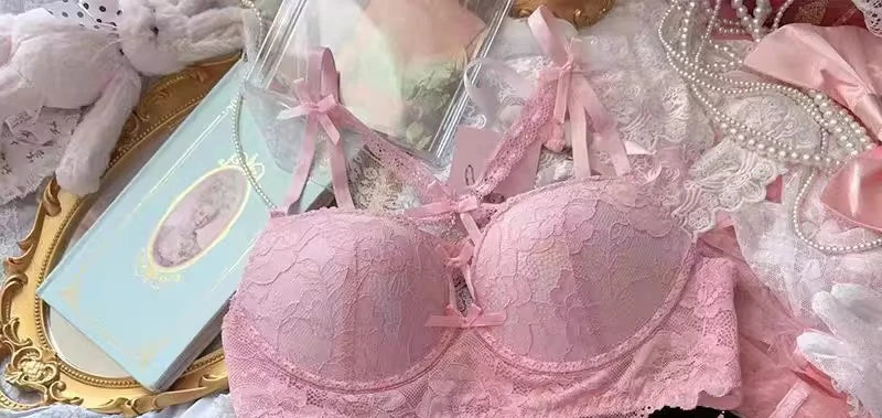 Lingerie Japanese Lace Bra Set, Heart Pendant Purple Lingerie Sexy & Pure Small Chest Push Up Bralette, Fashion Outerwear Design Enhancer