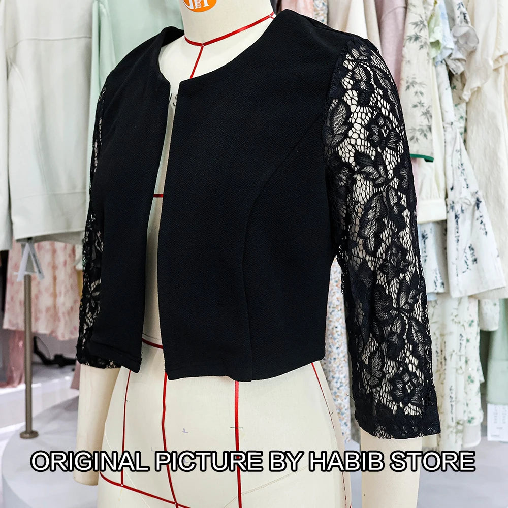 Women' Solid Casual Outwear Lace Long Sleeve Jacket Spring Autumn Elegant Zipper Coat Office Wear Slim Office Coat Crop Top