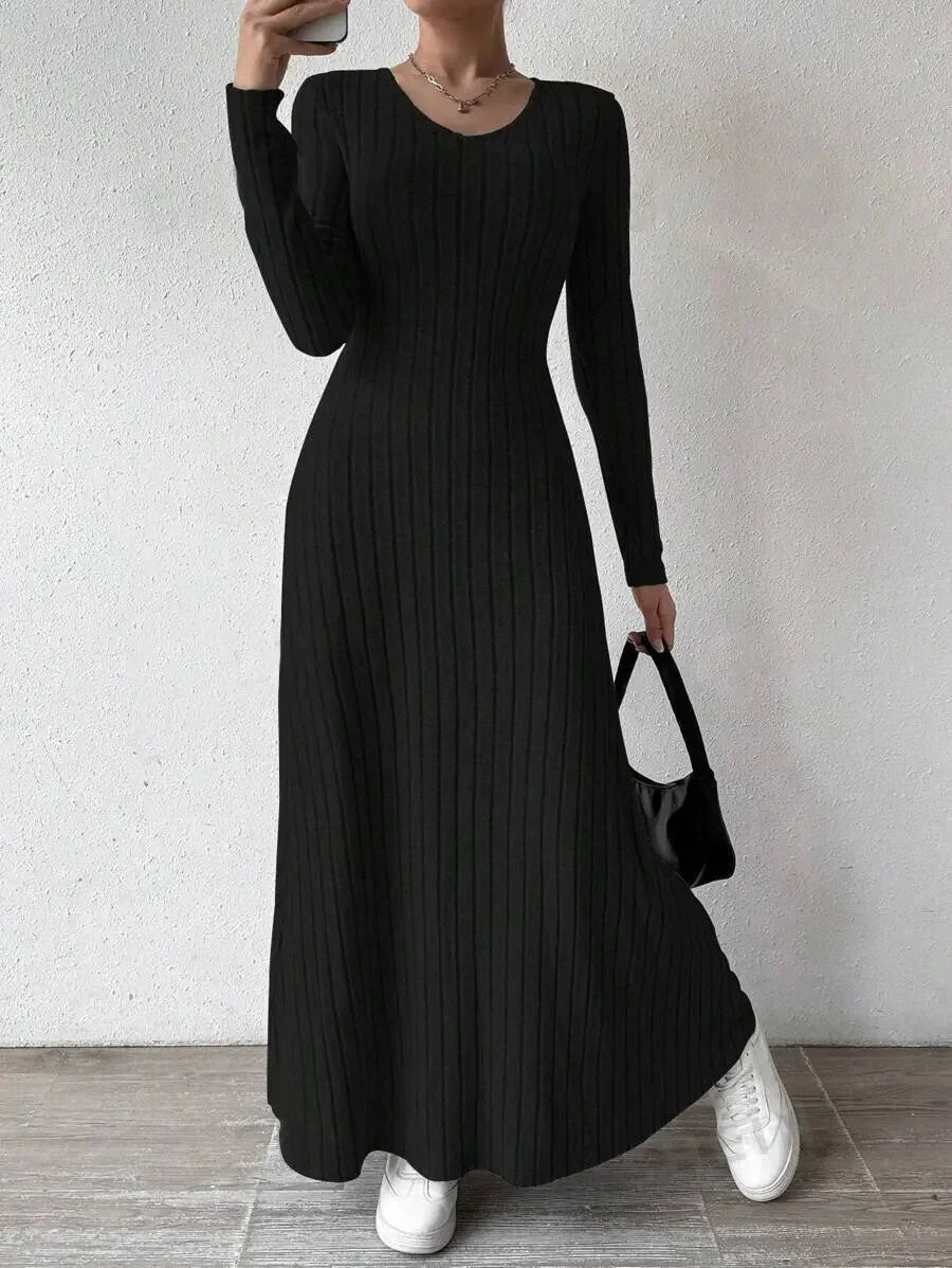 Long Sleeve A- Line Streetwear Dress For Women Smooths And Slims Your Silhouette Solid Color Long Dress